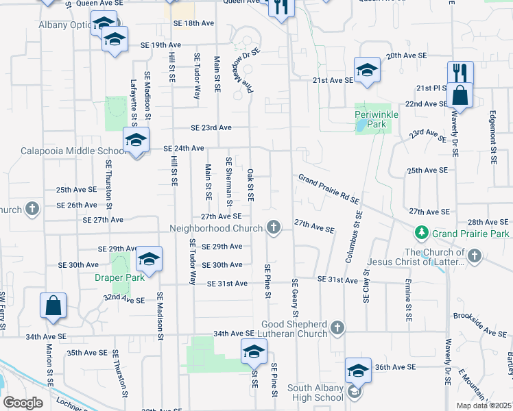map of restaurants, bars, coffee shops, grocery stores, and more near 2619 Oak Street Southeast in Albany