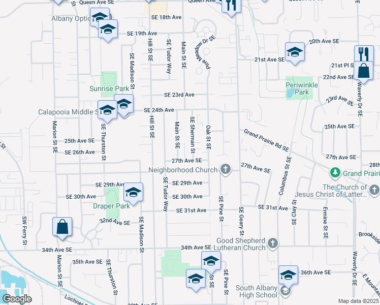 map of restaurants, bars, coffee shops, grocery stores, and more near 2602 Southeast Sherman Street in Albany