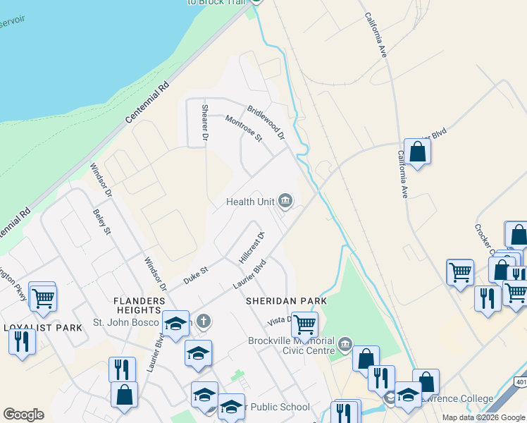 map of restaurants, bars, coffee shops, grocery stores, and more near 1509 Flanders Road in Brockville