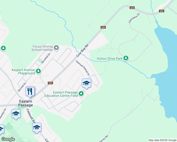 map of restaurants, bars, coffee shops, grocery stores, and more near 56 Samuel Danial Drive in Eastern Passage