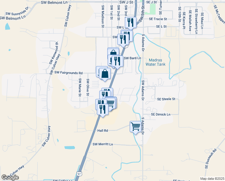 map of restaurants, bars, coffee shops, grocery stores, and more near 254 Southwest Brush Lane in Madras