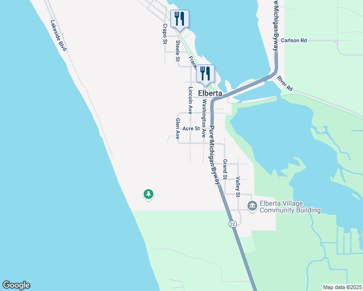 map of restaurants, bars, coffee shops, grocery stores, and more near 327 Bigley Street in Elberta