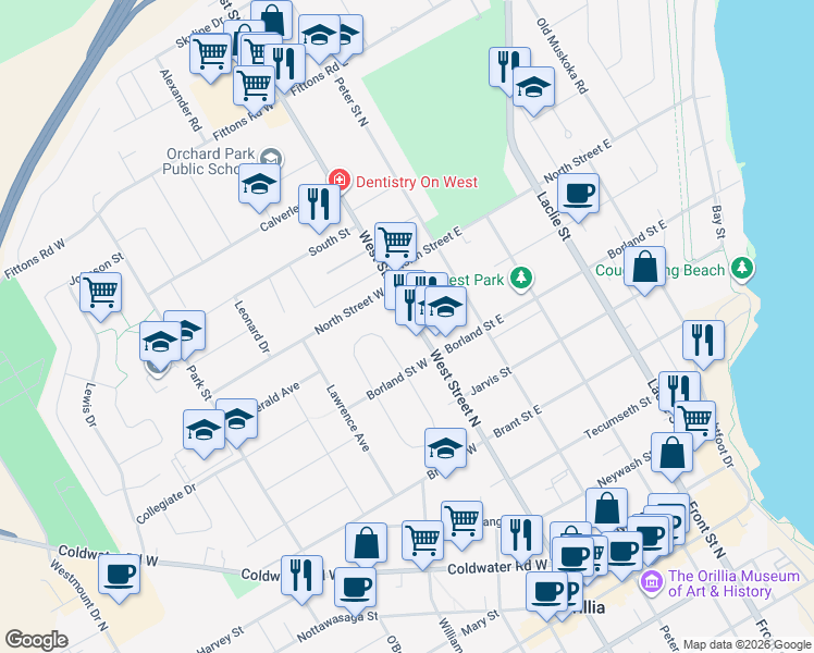 map of restaurants, bars, coffee shops, grocery stores, and more near 247 West Street North in Orillia