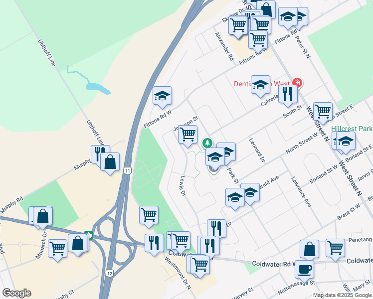 map of restaurants, bars, coffee shops, grocery stores, and more near in Orillia