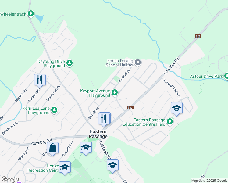 map of restaurants, bars, coffee shops, grocery stores, and more near 69 Birchill Drive in Eastern Passage