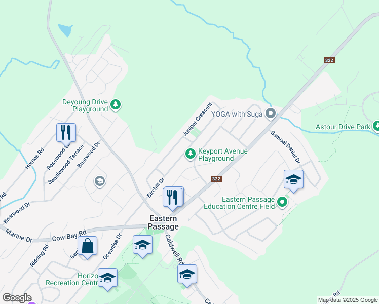 map of restaurants, bars, coffee shops, grocery stores, and more near 69 Birchill Drive in Eastern Passage
