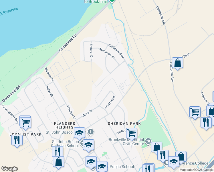 map of restaurants, bars, coffee shops, grocery stores, and more near 1461 Flanders Road in Brockville