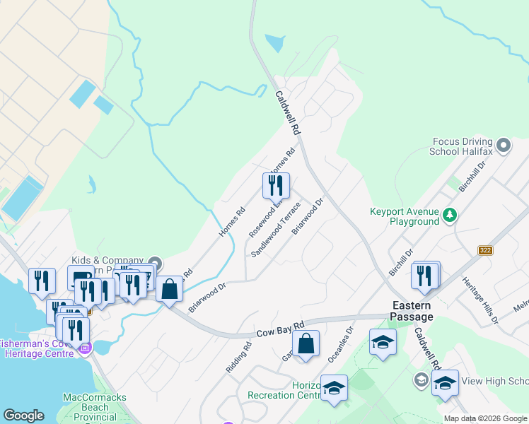 map of restaurants, bars, coffee shops, grocery stores, and more near 76 Rosewood Lane in Eastern Passage