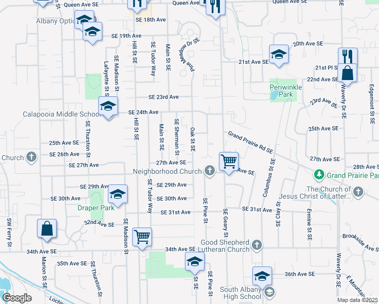 map of restaurants, bars, coffee shops, grocery stores, and more near 2619 Oak Street Southeast in Albany