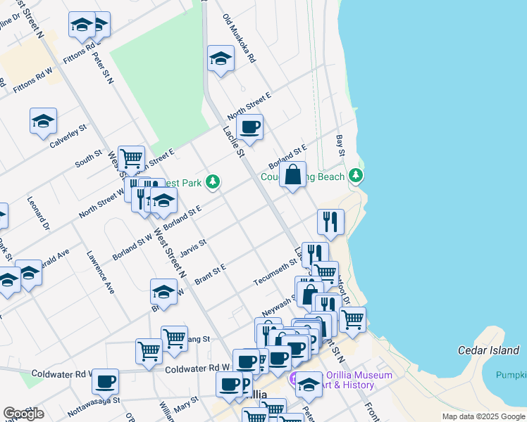 map of restaurants, bars, coffee shops, grocery stores, and more near 111 Jarvis Street in Orillia