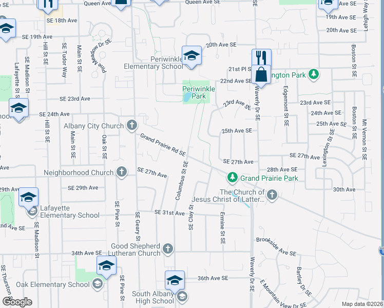map of restaurants, bars, coffee shops, grocery stores, and more near 2625 Southeast Columbus Street in Albany