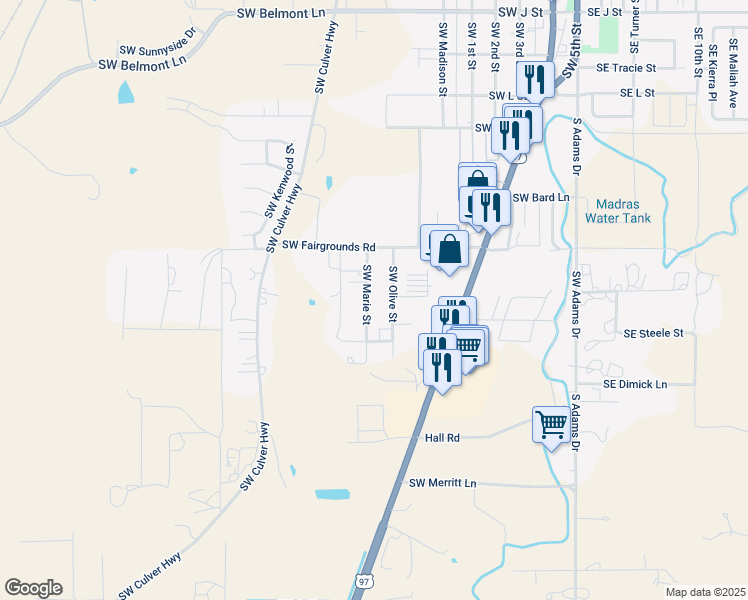 map of restaurants, bars, coffee shops, grocery stores, and more near 1365 Southwest Marie Street in Madras