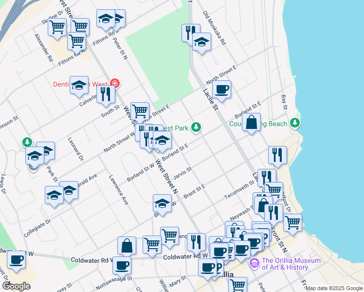 map of restaurants, bars, coffee shops, grocery stores, and more near 244 Peter Street North in Orillia