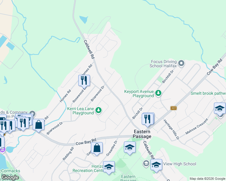 map of restaurants, bars, coffee shops, grocery stores, and more near 1650 Caldwell Road in Eastern Passage