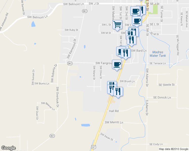 map of restaurants, bars, coffee shops, grocery stores, and more near 1363 Southwest Marie Street in Madras