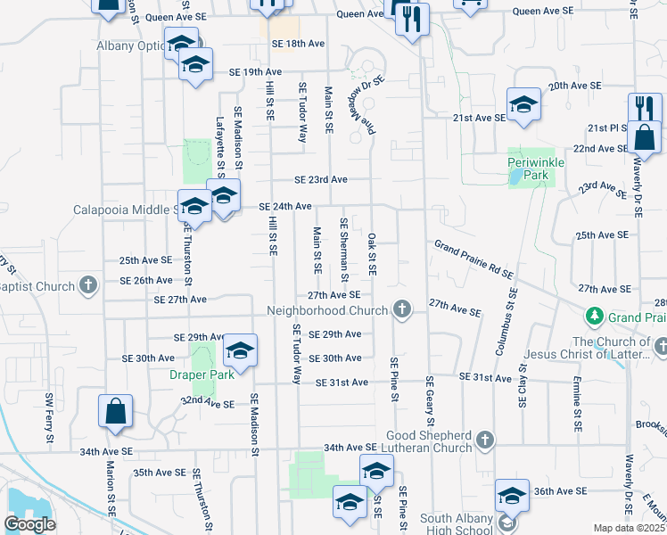 map of restaurants, bars, coffee shops, grocery stores, and more near 2602 Southeast Sherman Street in Albany