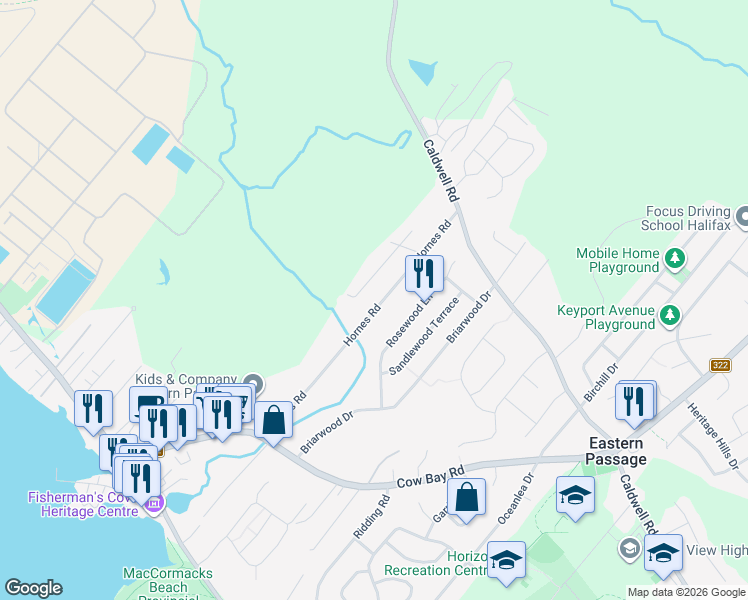 map of restaurants, bars, coffee shops, grocery stores, and more near 40 Hornes Road in Eastern Passage