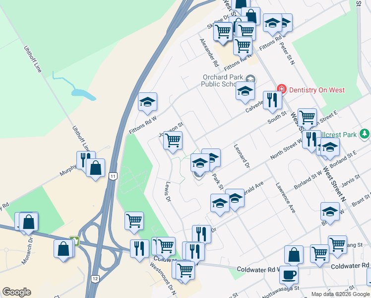 map of restaurants, bars, coffee shops, grocery stores, and more near 20 Carmichael Court in Orillia