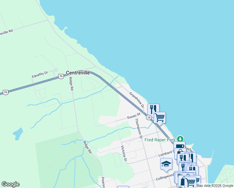 map of restaurants, bars, coffee shops, grocery stores, and more near Mary Street in Meaford