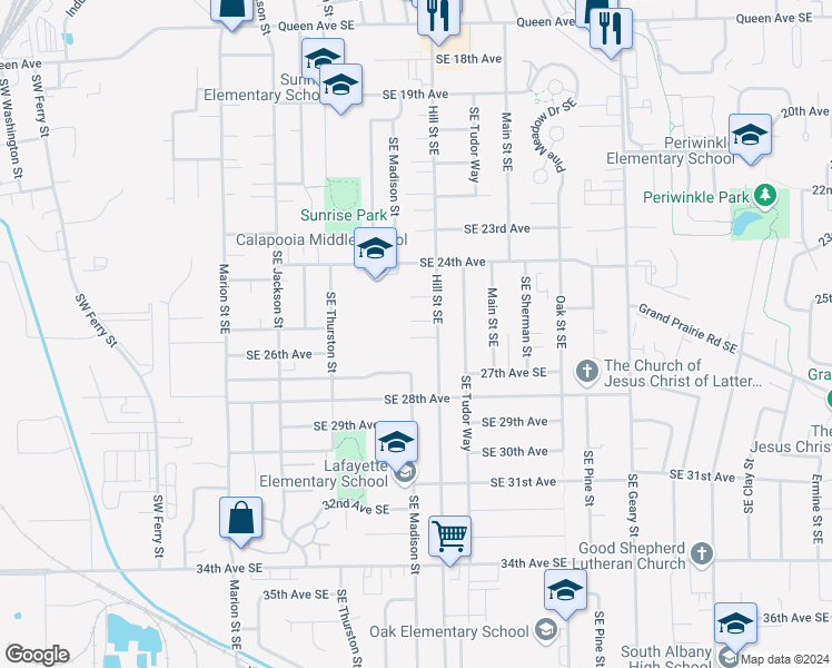 map of restaurants, bars, coffee shops, grocery stores, and more near 2546 Hill Street Southeast in Albany