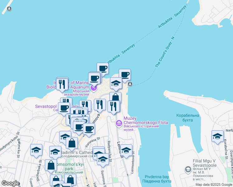 map of restaurants, bars, coffee shops, grocery stores, and more near in Sevastopol