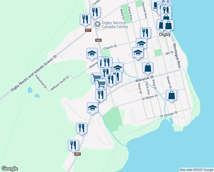 map of restaurants, bars, coffee shops, grocery stores, and more near 83 Victoria Street in Digby
