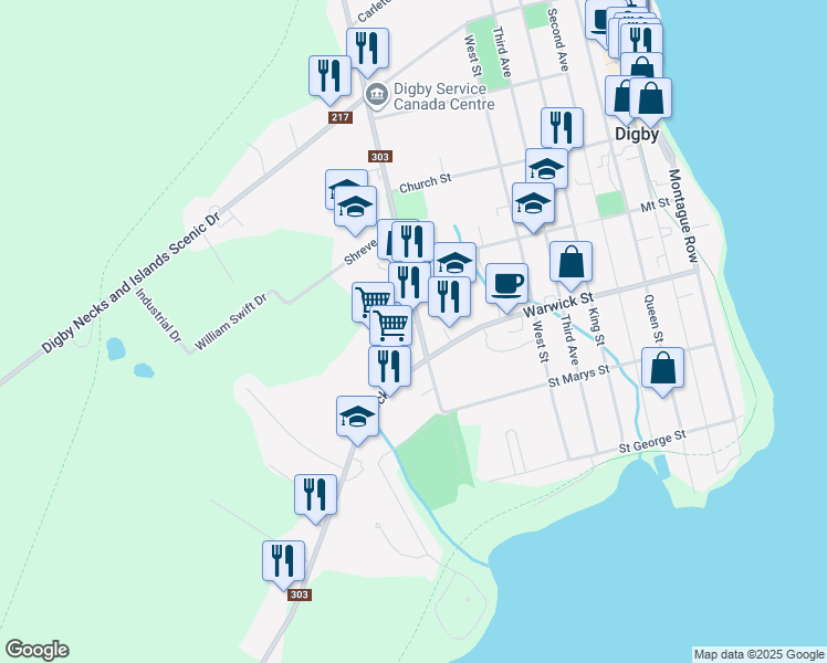 map of restaurants, bars, coffee shops, grocery stores, and more near 83 Victoria Street in Digby