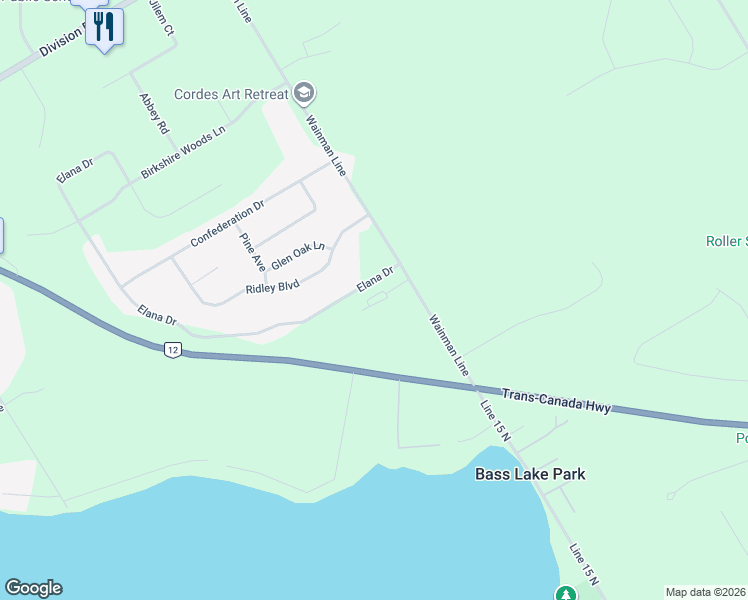 map of restaurants, bars, coffee shops, grocery stores, and more near 4252 Wainman Line in Orillia