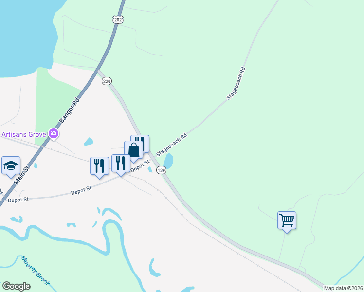 map of restaurants, bars, coffee shops, grocery stores, and more near 39b Stagecoach Road in Unity