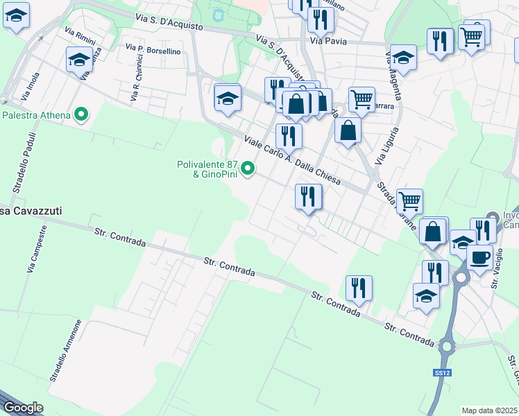 map of restaurants, bars, coffee shops, grocery stores, and more near Via Guido Galli in Modena