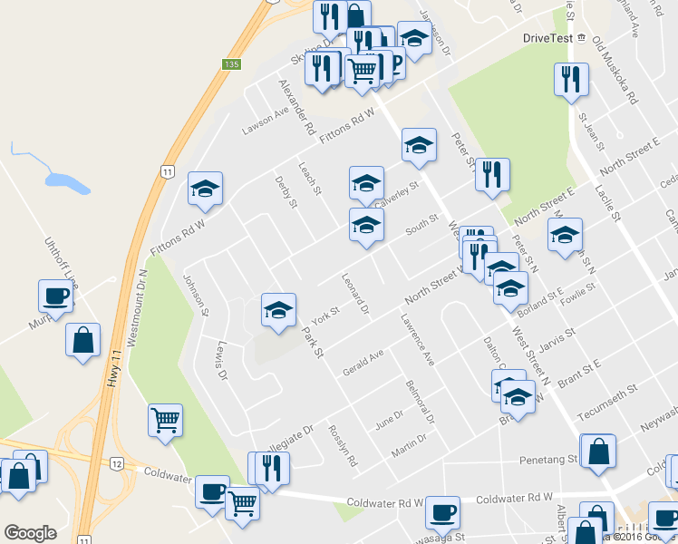 map of restaurants, bars, coffee shops, grocery stores, and more near 38 South Street in Orillia