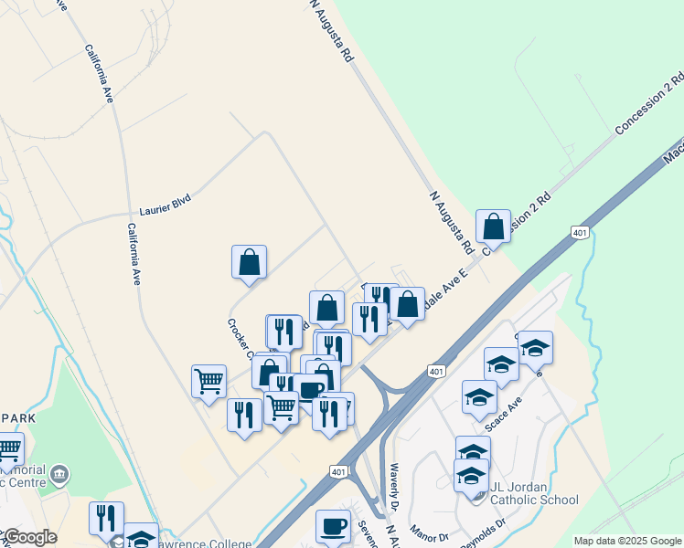 map of restaurants, bars, coffee shops, grocery stores, and more near 160 Broome Road in Brockville