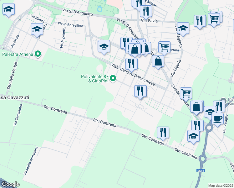 map of restaurants, bars, coffee shops, grocery stores, and more near Via Guido Galli in Modena