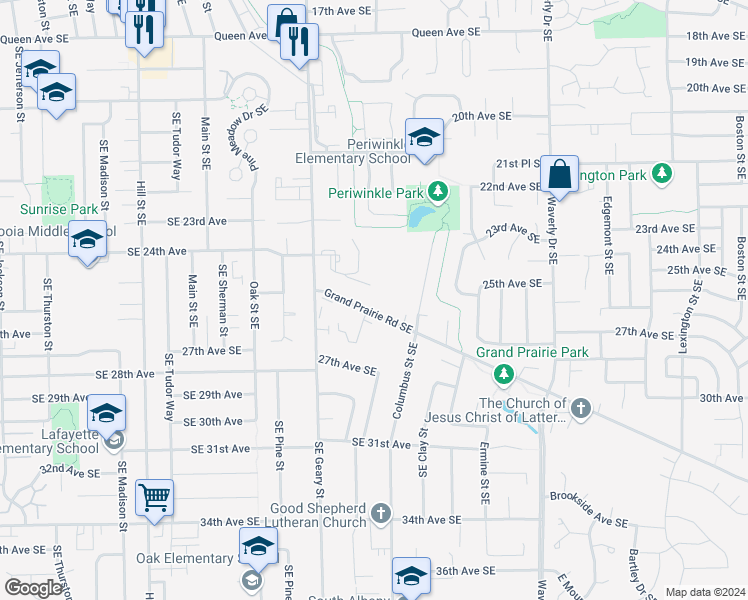 map of restaurants, bars, coffee shops, grocery stores, and more near 1929 Grand Prairie Road Southeast in Albany