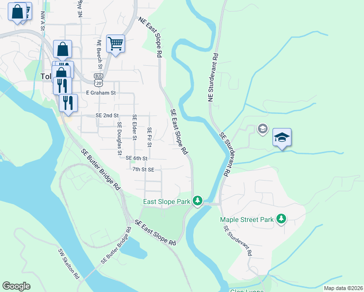 map of restaurants, bars, coffee shops, grocery stores, and more near Southeast East Slope Road in Toledo
