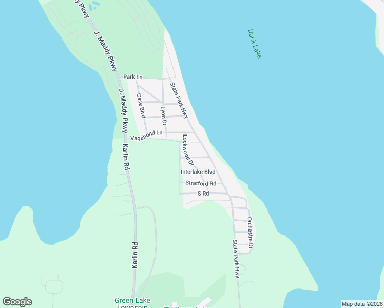 map of restaurants, bars, coffee shops, grocery stores, and more near Lockwood Drive in Interlochen