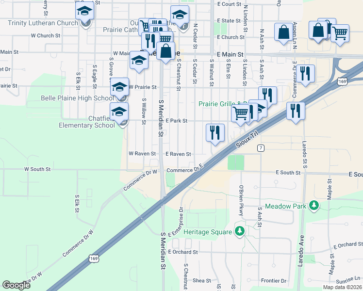 map of restaurants, bars, coffee shops, grocery stores, and more near 323 South Chestnut Street in Belle Plaine