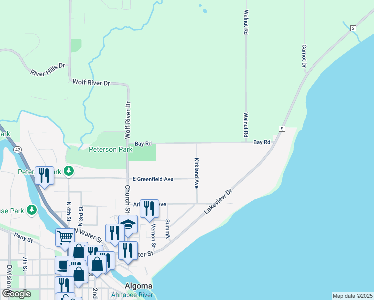 map of restaurants, bars, coffee shops, grocery stores, and more near 500 Bay Road in Algoma