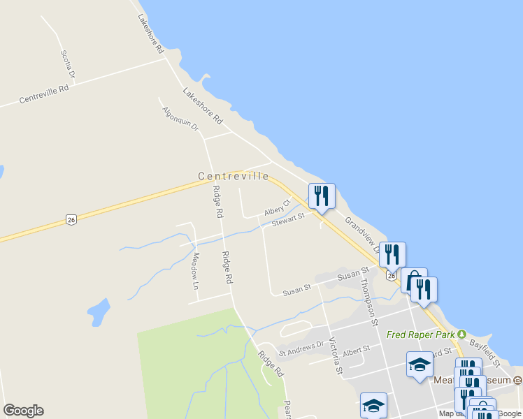 map of restaurants, bars, coffee shops, grocery stores, and more near 42 Albery Court in Meaford