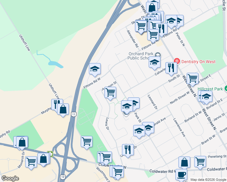 map of restaurants, bars, coffee shops, grocery stores, and more near 8 Carmichael Court in Orillia