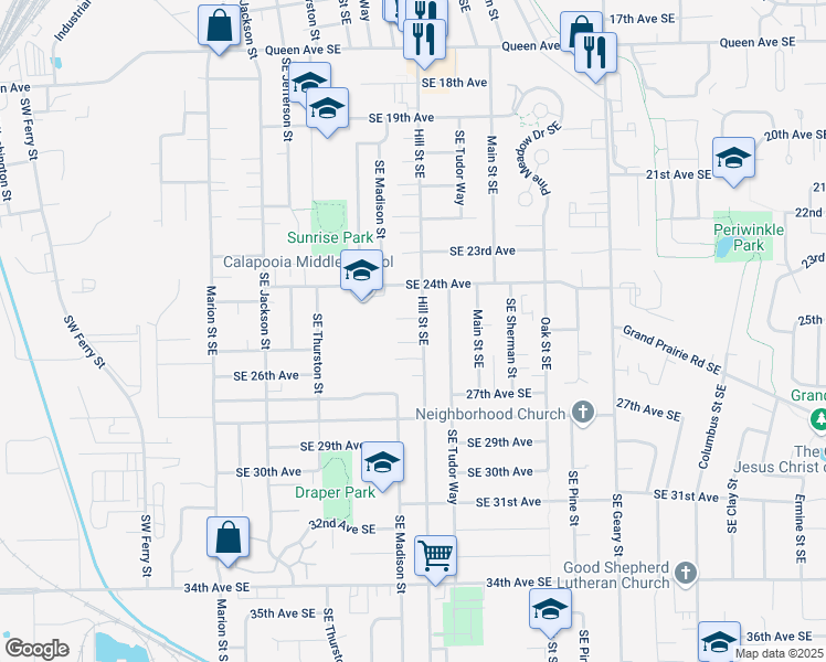 map of restaurants, bars, coffee shops, grocery stores, and more near 2505 Hill Street Southeast in Albany