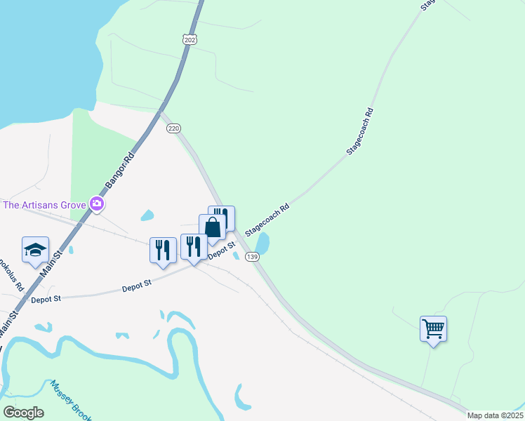 map of restaurants, bars, coffee shops, grocery stores, and more near 36 Stagecoach Road in Unity