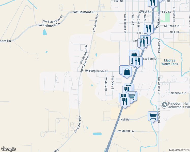 map of restaurants, bars, coffee shops, grocery stores, and more near 511 Southwest Fairgrounds Road in Madras