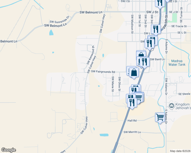 map of restaurants, bars, coffee shops, grocery stores, and more near 585 Southwest Fairgrounds Road in Madras
