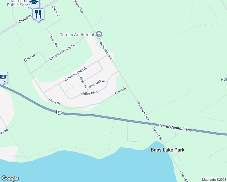 map of restaurants, bars, coffee shops, grocery stores, and more near 4252 Wainman Line in Orillia