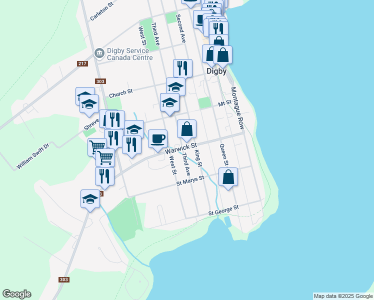 map of restaurants, bars, coffee shops, grocery stores, and more near 470 Warwick Street in Digby