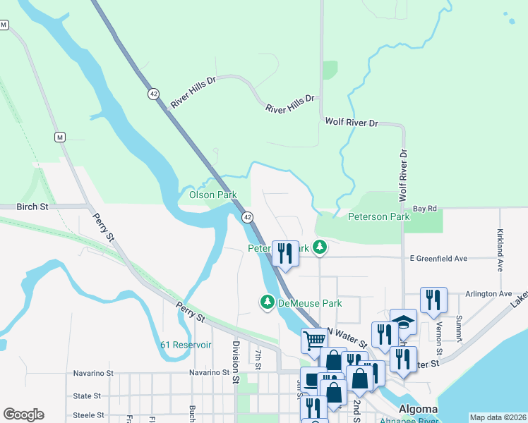 map of restaurants, bars, coffee shops, grocery stores, and more near 721 Alpine Rd in Algoma