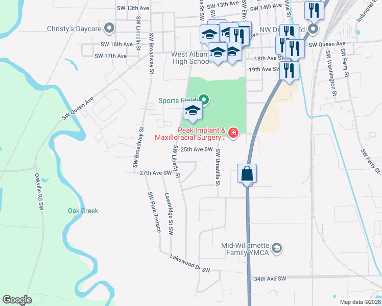 map of restaurants, bars, coffee shops, grocery stores, and more near 1170 25th Avenue Southwest in Albany