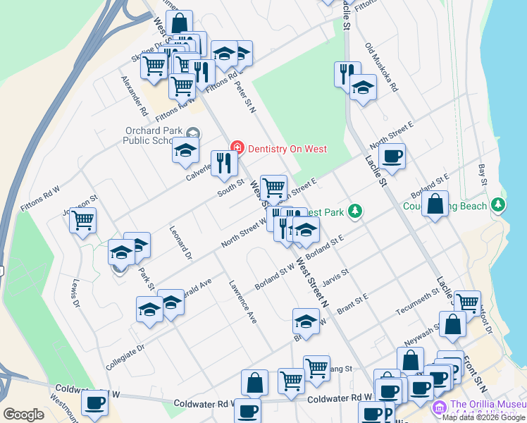 map of restaurants, bars, coffee shops, grocery stores, and more near 301 West Street North in Orillia