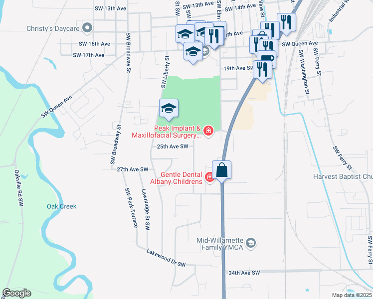 map of restaurants, bars, coffee shops, grocery stores, and more near 1120 25th Avenue Southwest in Albany
